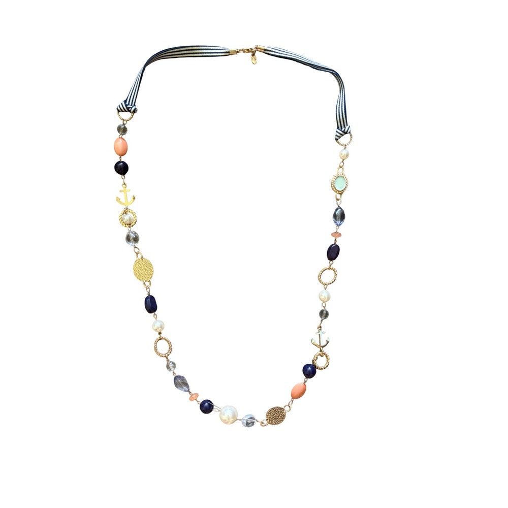 Charming Charlie Nautical Anchor Station Necklace Navy White Striped Gold Tone